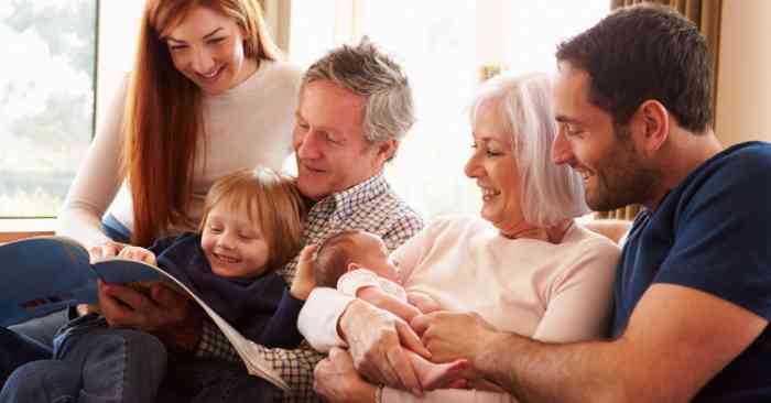 Multi-generational family on the couch viewing a book together