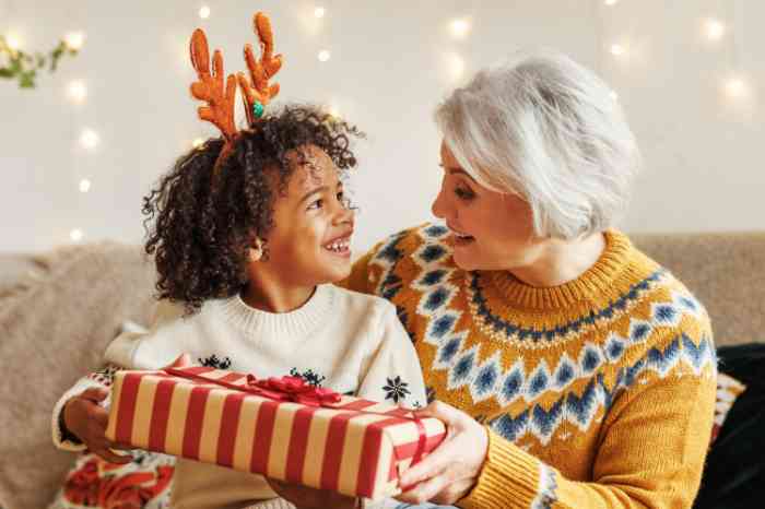Young girl receiving holiday gift from grandmother