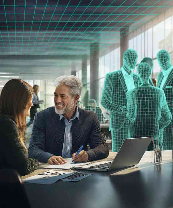 Man and woman talking and hearing each other in crowded room