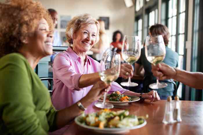 women clinking wine glasses at lunch
