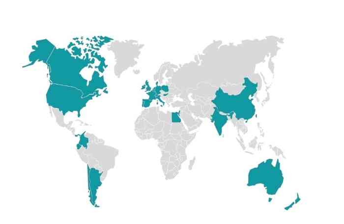 Map of world in teal and gray
