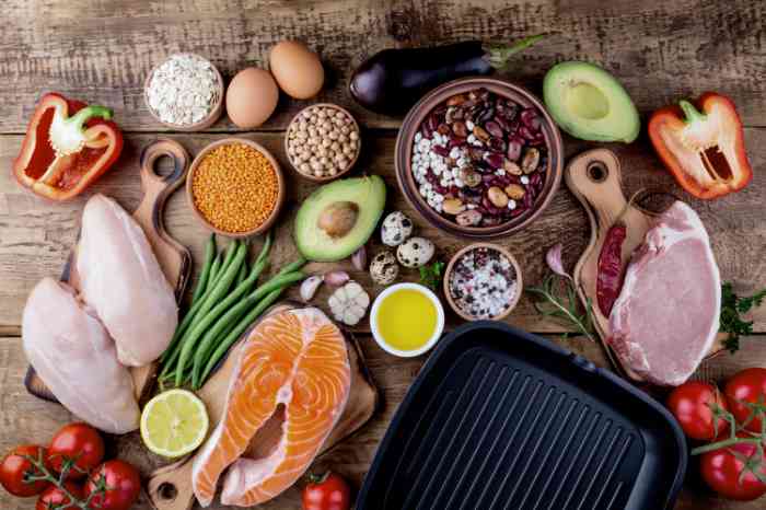 Fruits, veggies, and meats spreadout on a table