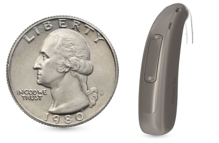 Miracle-Ear BTE hearing aid comparison with a quarter