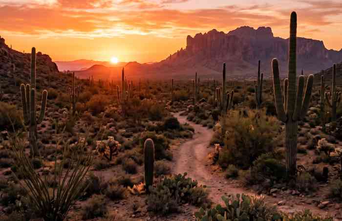 Hiking trail in the desert at sunset