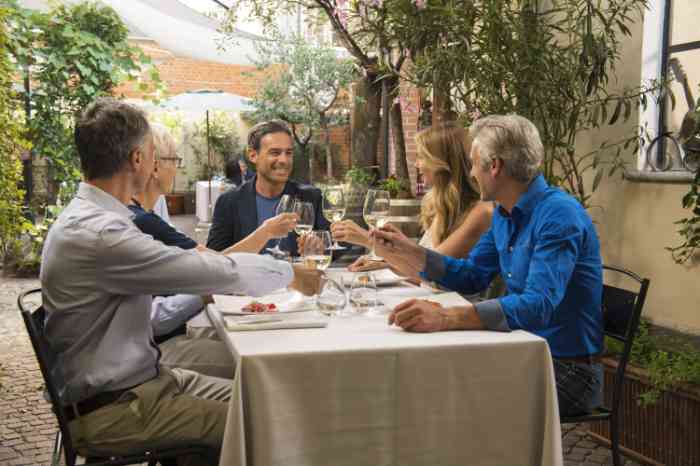 a group of older adults enjoying wine and food on a sunny day outside